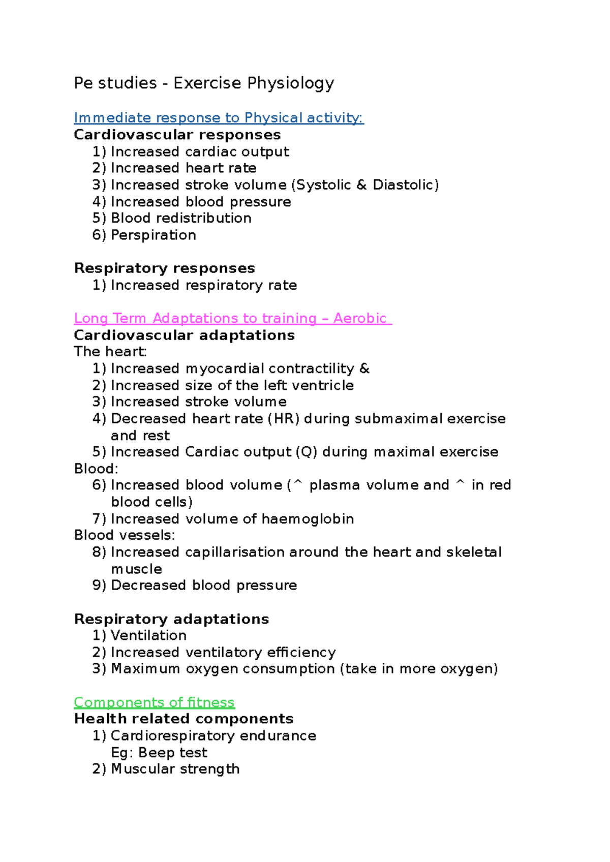 PE Studies: Exercise Physiology Overview and Training Adaptations - Studocu