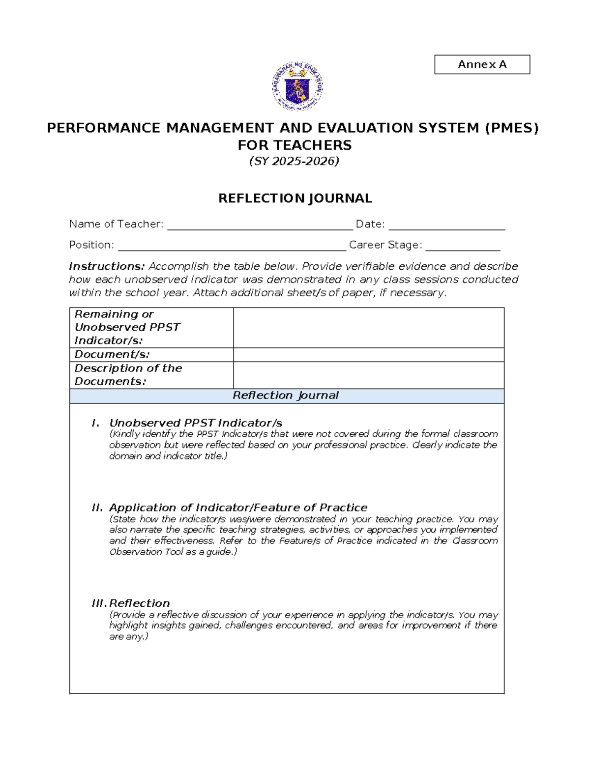 PMES Reflection Journal Template for Teachers (SY) - Studocu