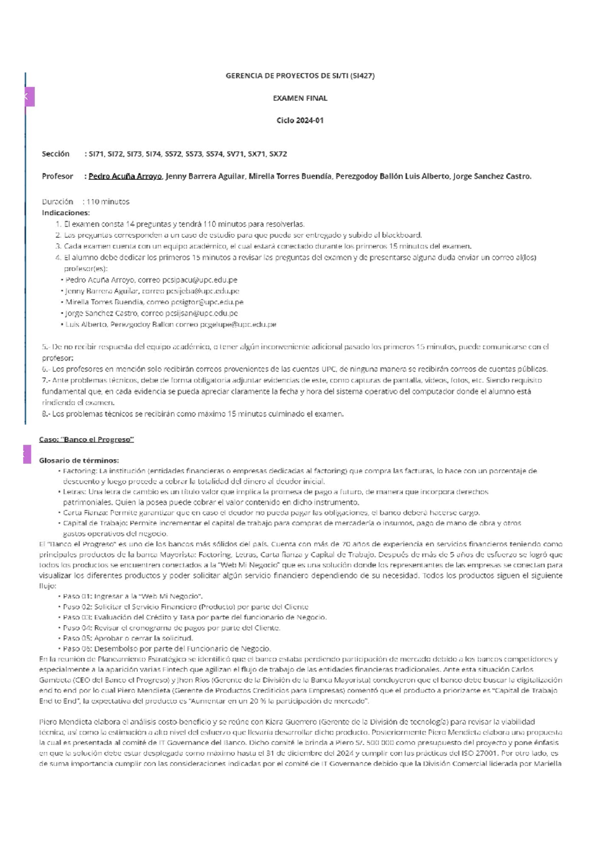 EB- Gerencia - Examen Final de Proyectos (SI427) - Ciclo y Secciones - Document Preview