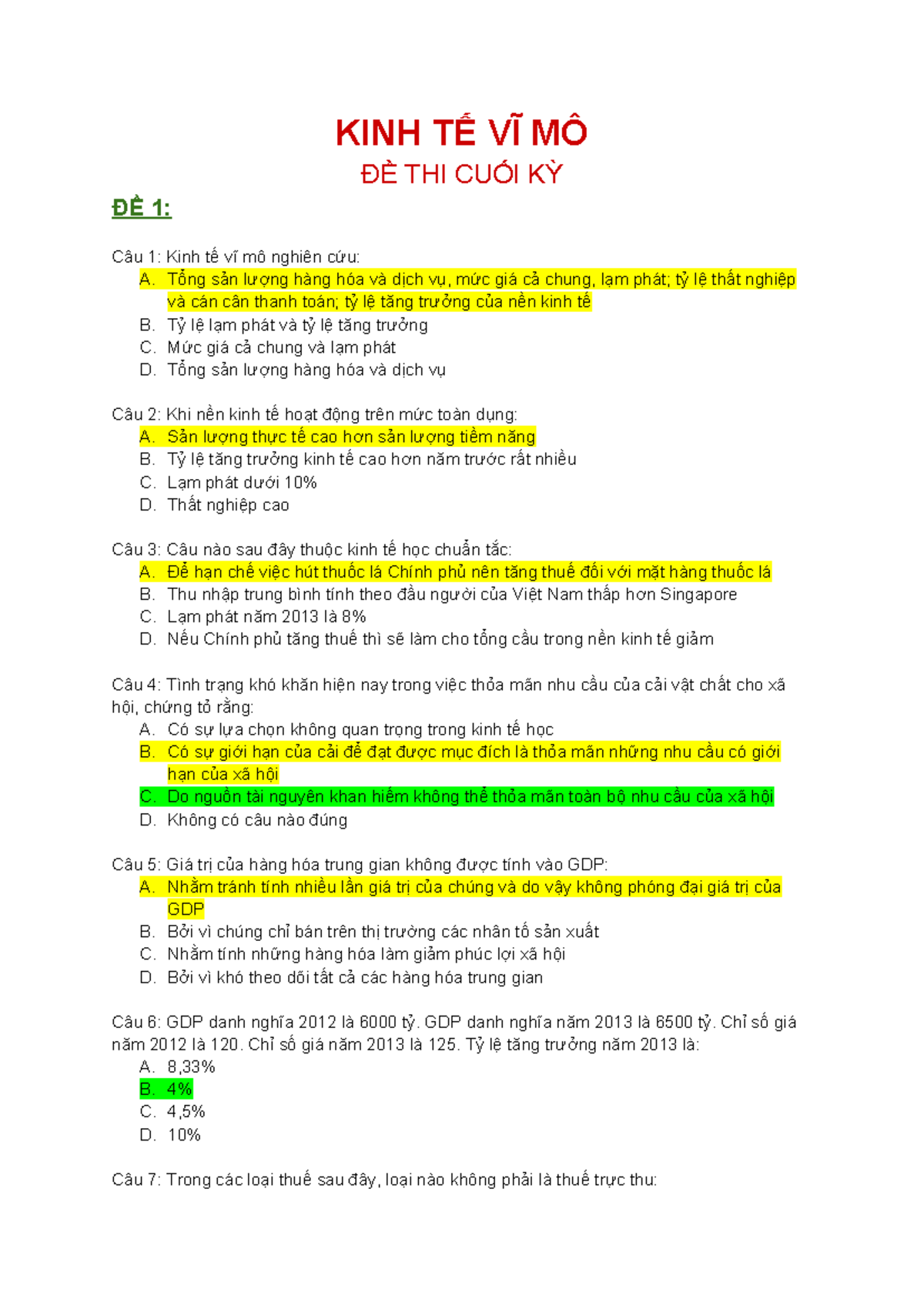 Kinh Tế Vĩ Mô - Đề Thi Cuối Kỳ Ôn Tập (KTVM 2023) - Document Preview
