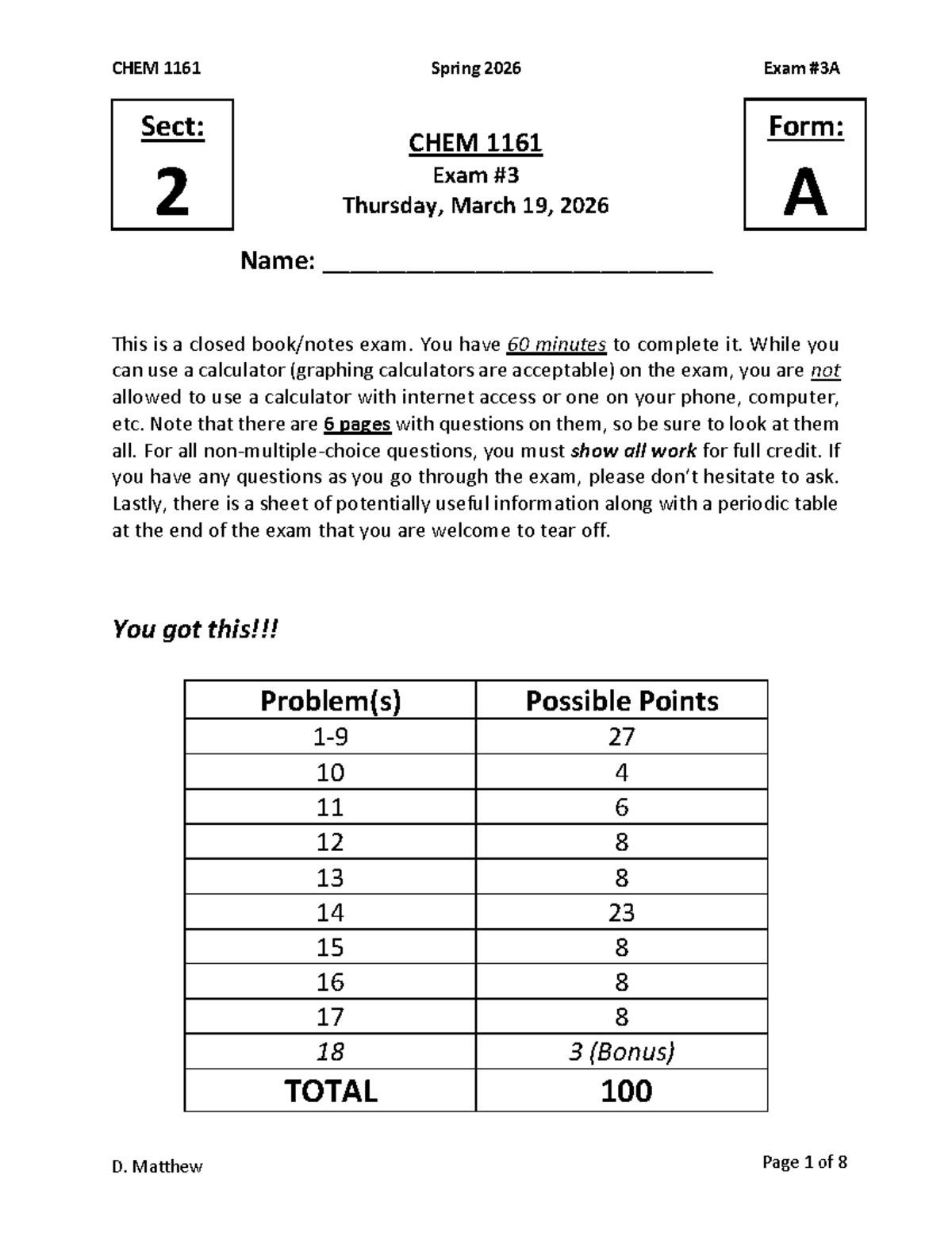 CHEM 1161 Spring 2026 Exam 3A: Closed Book Format - Studocu