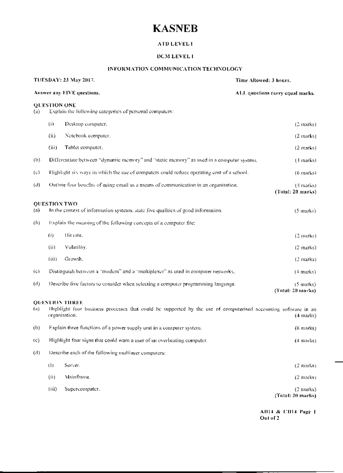 KASNEB ATD Level I DCM Level I ICT Exam Questions - May 2017 - Studocu