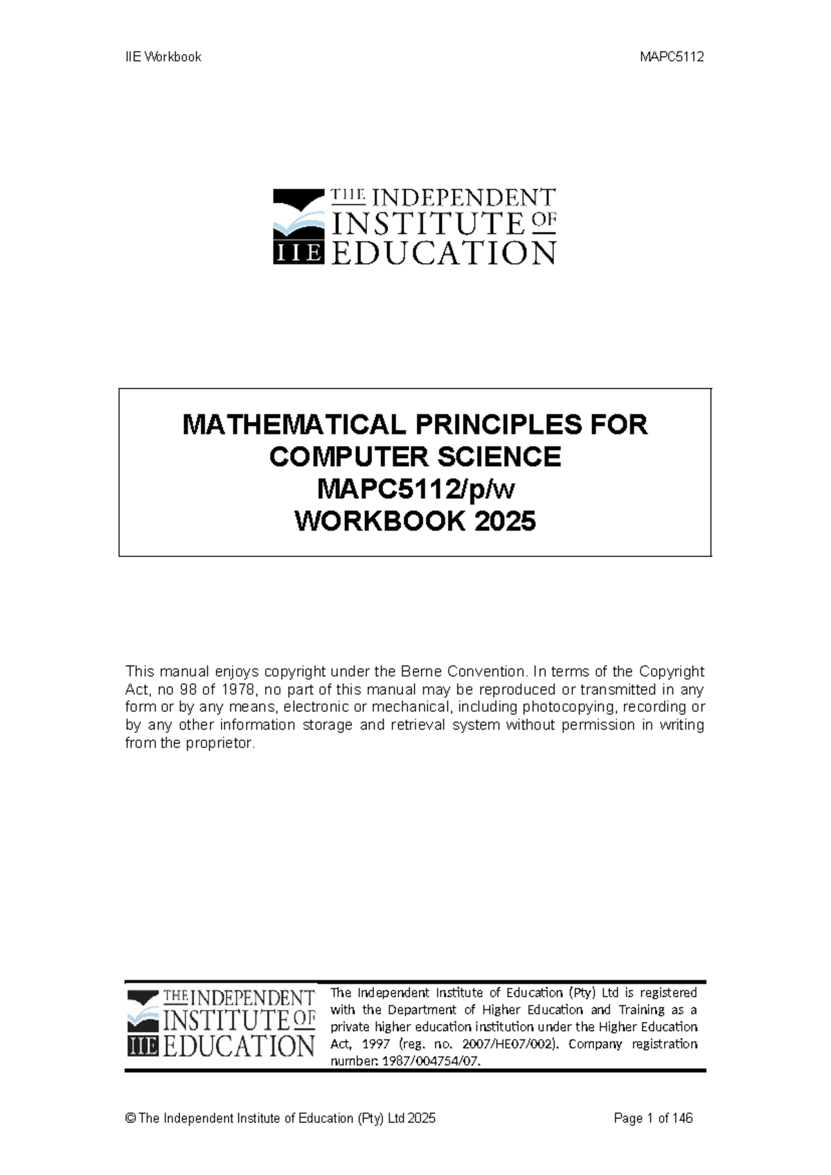 IIE Workbook MAPC5112: Mathematical Principles for Computer Science 2025 - Document Preview