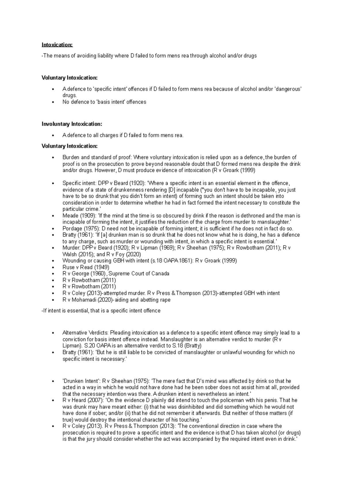 Intoxication Law: Summary Notes on Mens Rea and Defenses - Studocu
