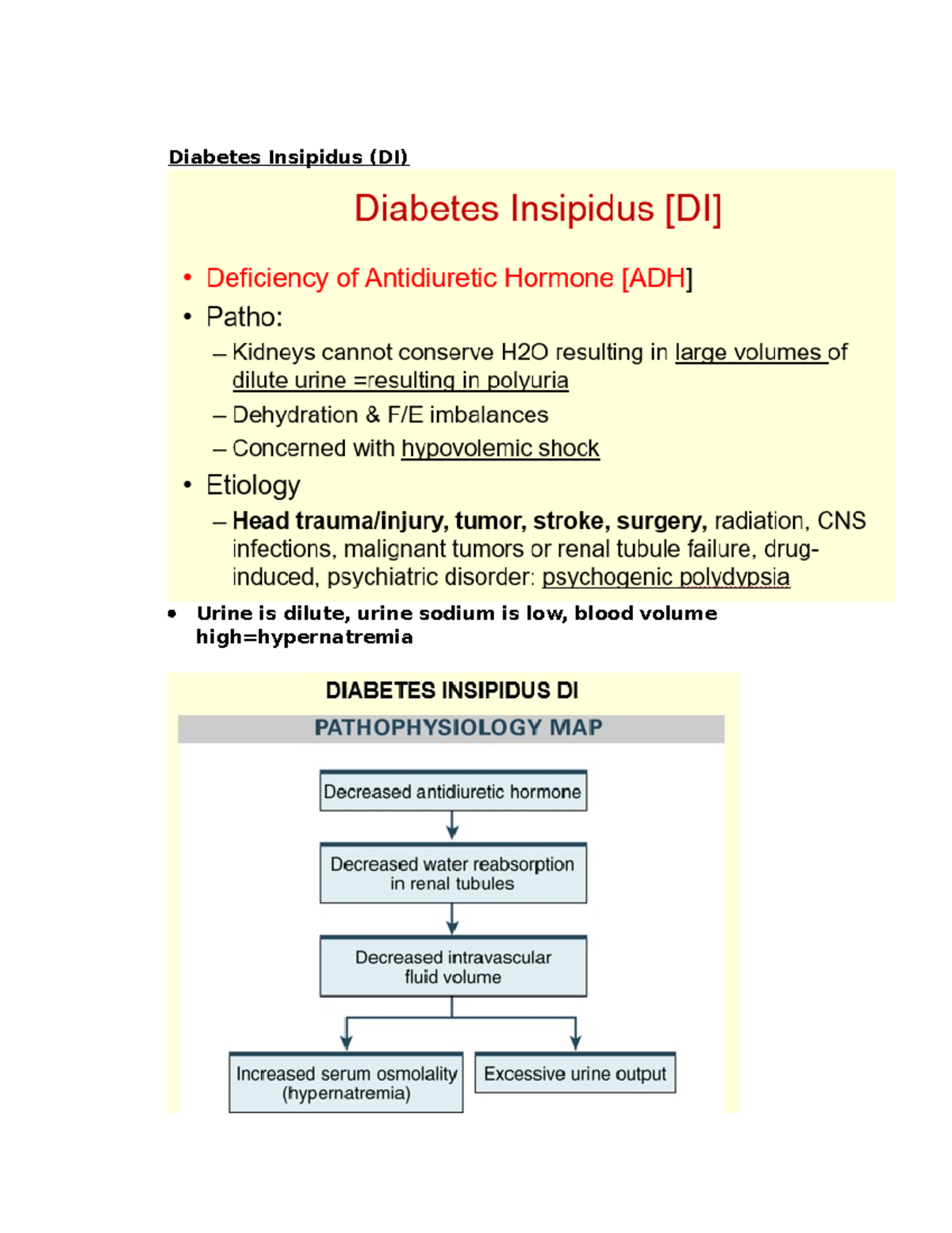 DI & Siadh   Diabetes Insipidus DI  Urine is dilute, urine ...