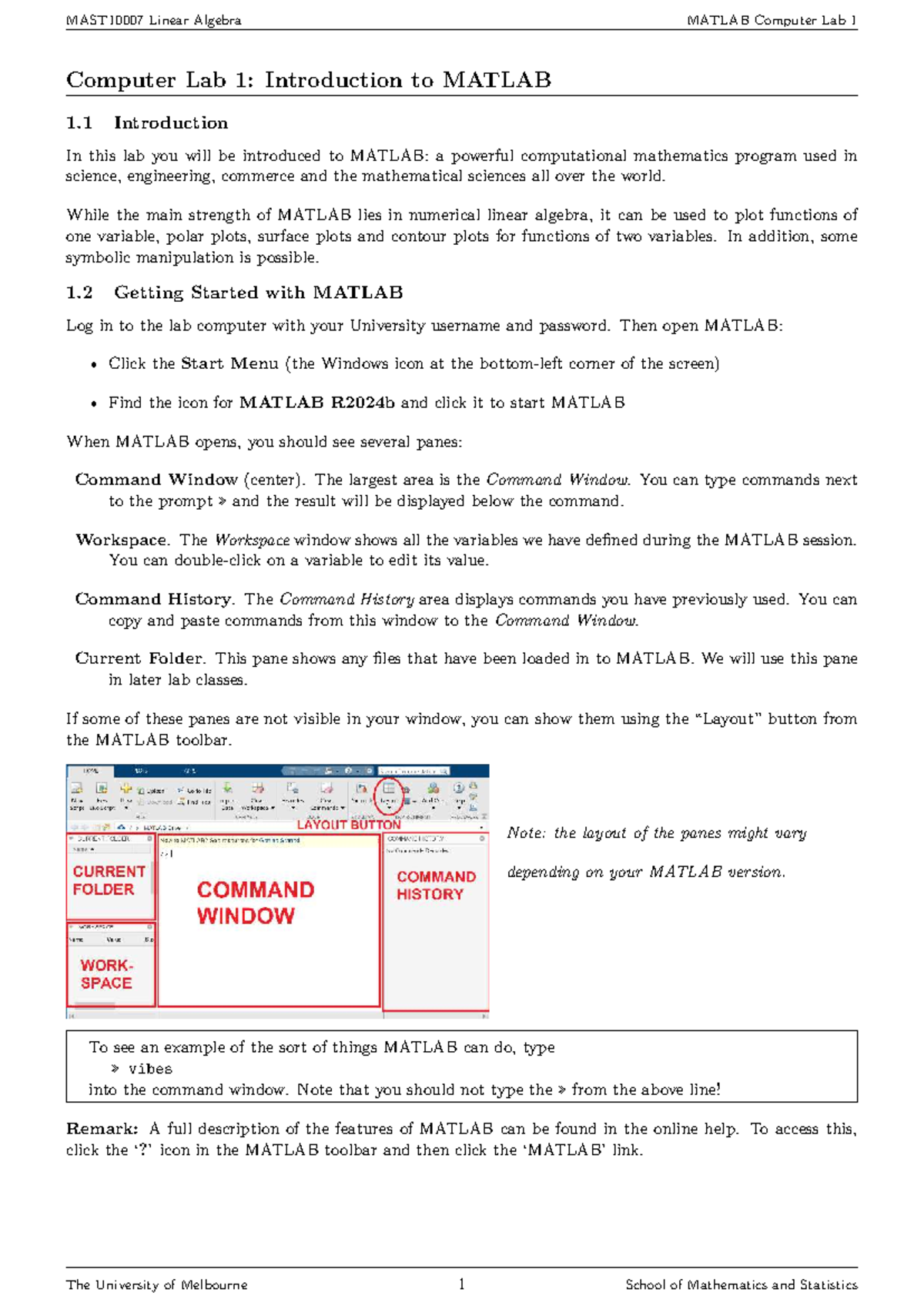 Linear Algebra (MATH2026) MATLAB Computer Lab 1 Guide - Studocu