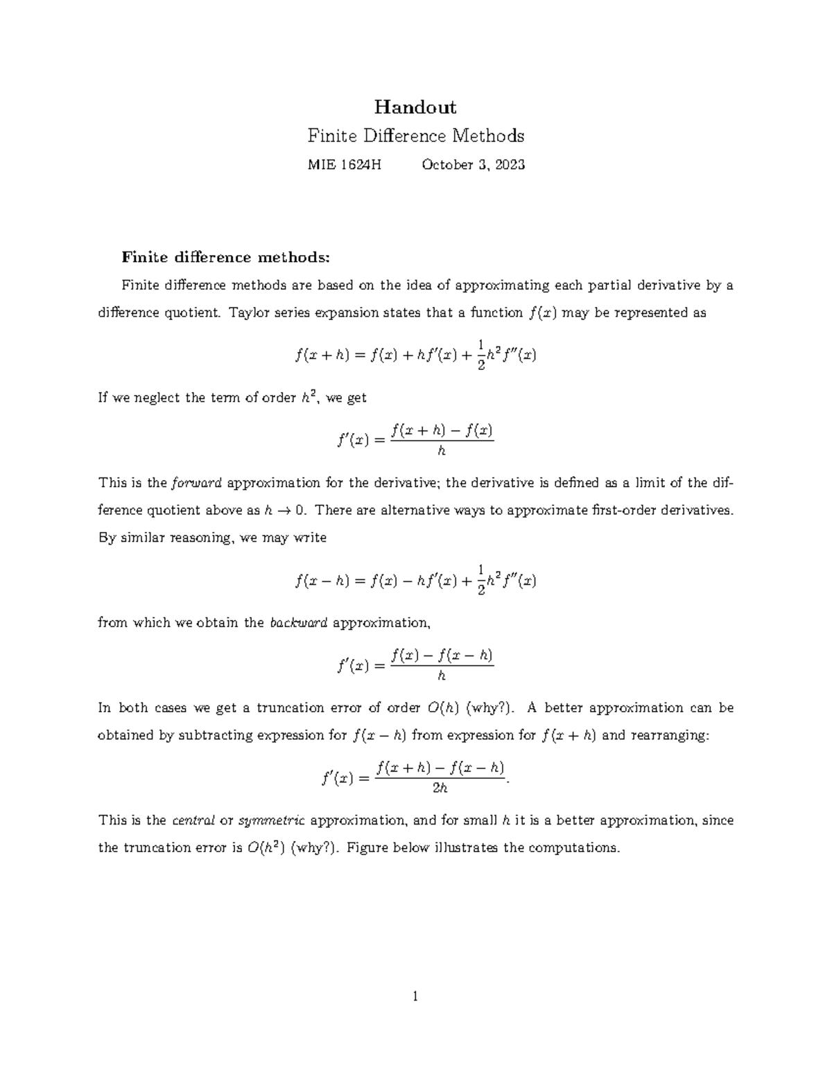 Finite Difference Methods Handout MIE 1624H - Oct 3, 2023 - Studocu