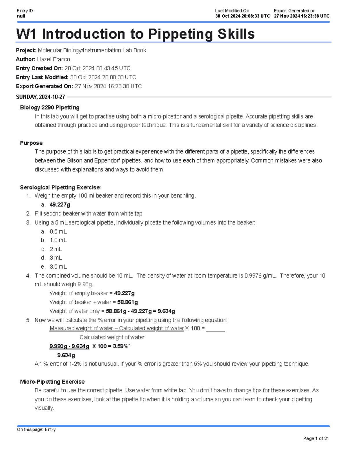 Biology 2290: Lab 1 - Introduction to Pipetting Skills and Techniques ...