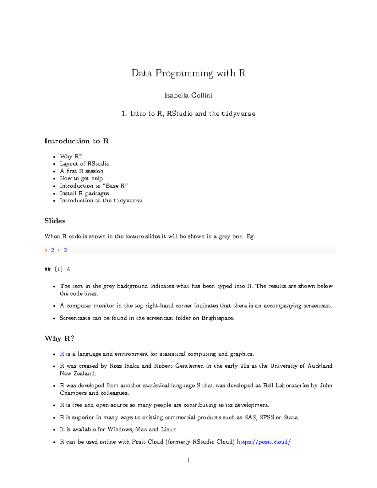 1 Intro to R RStudio the tidyverse - Data Programming with R Isabella ...