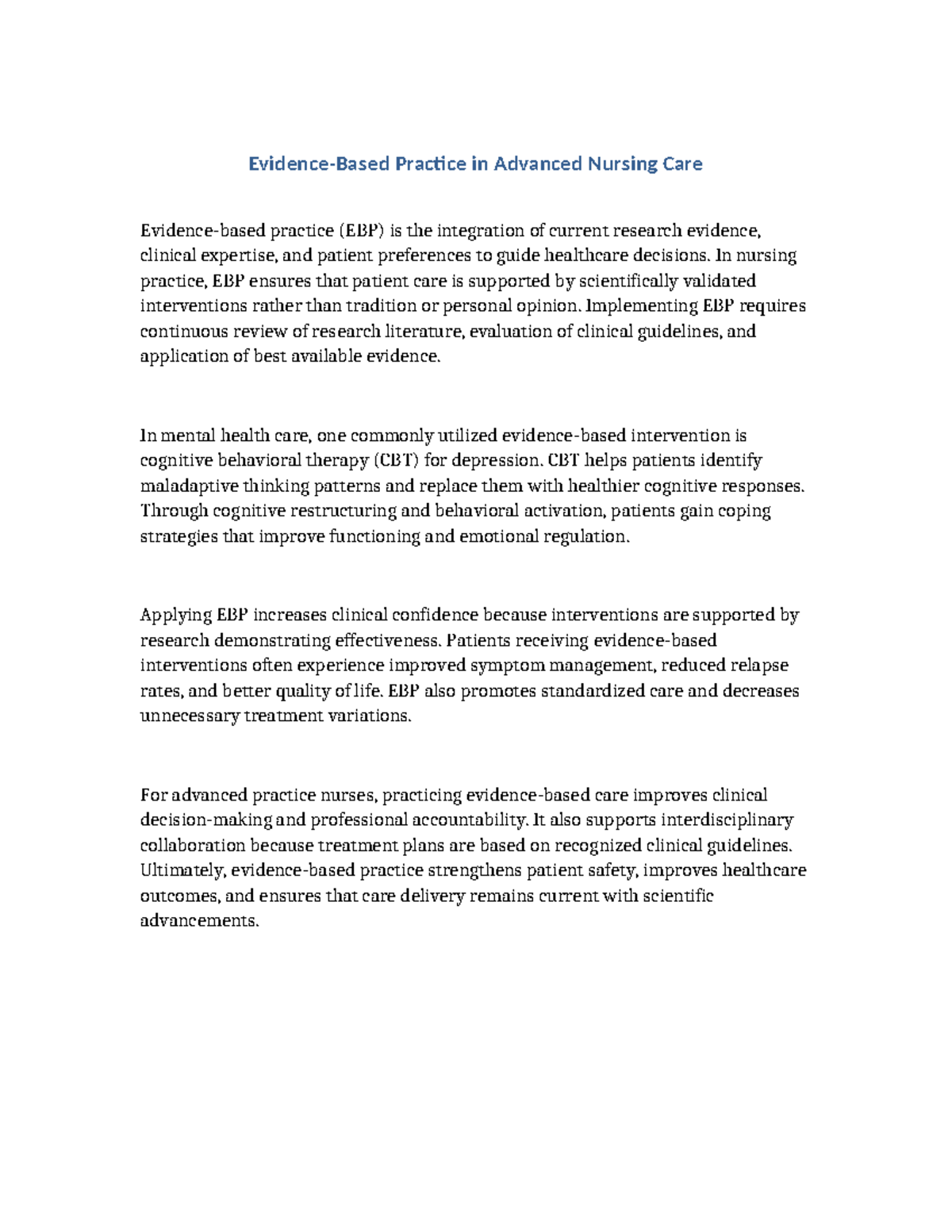 Advanced Nursing Care Practice (EBP) - Document 3 Assignments - Studocu