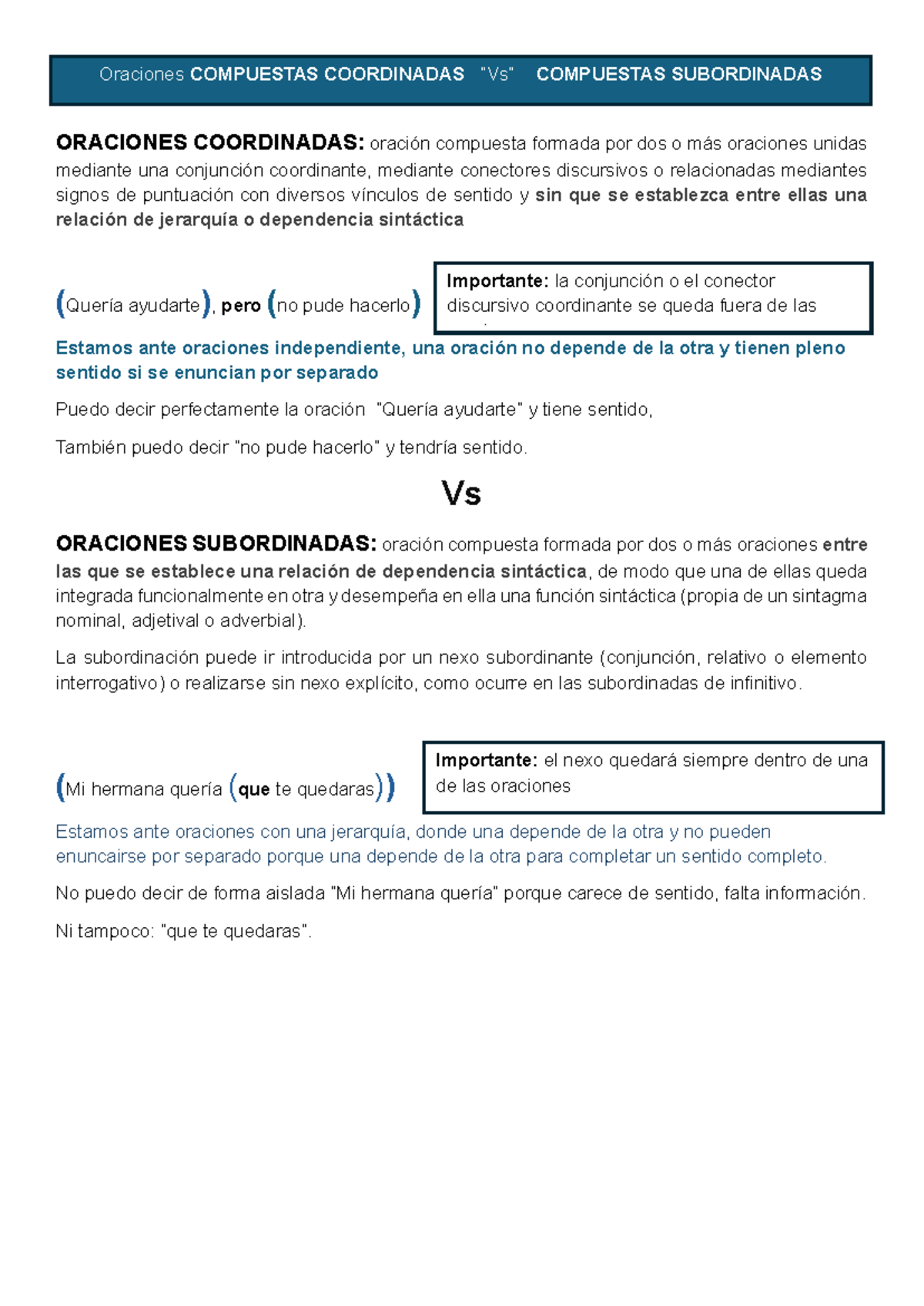 O. Coordinadas vs O. Subordinadas: Tipos y Ejemplos (1) - Studocu
