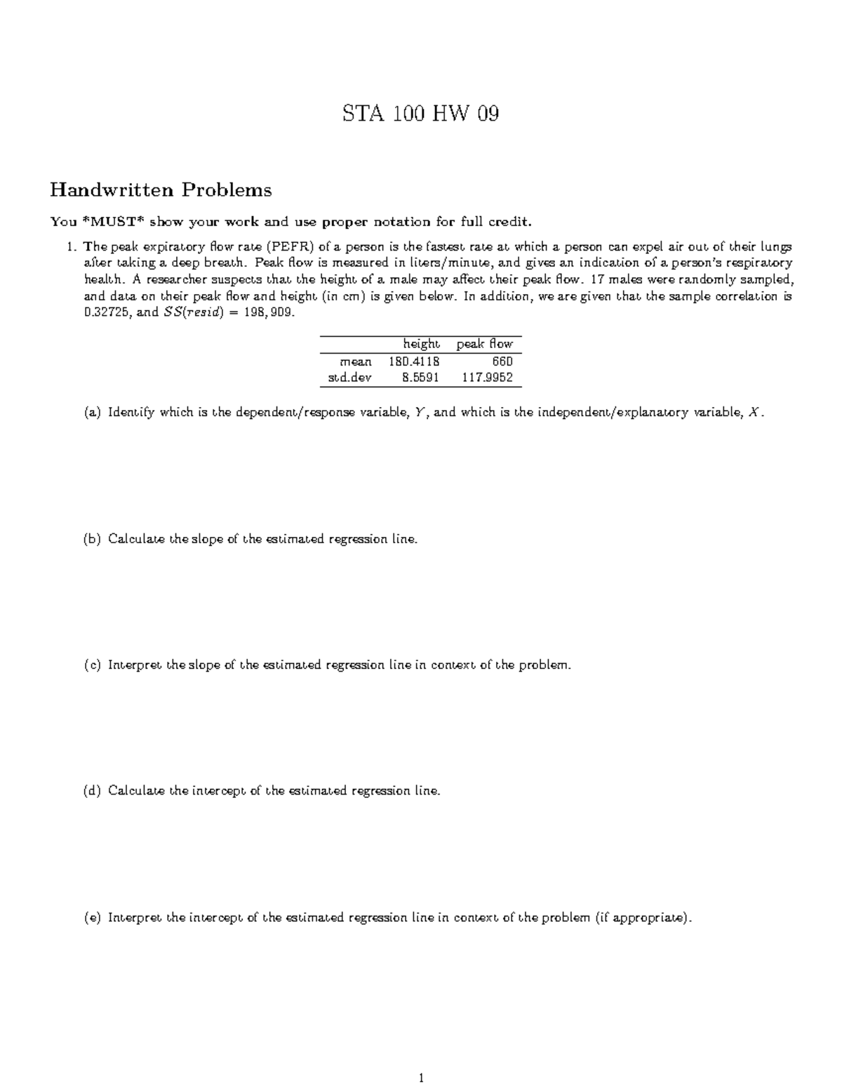 STA 100 HW 09: Regression Analysis and R Problems - Studocu
