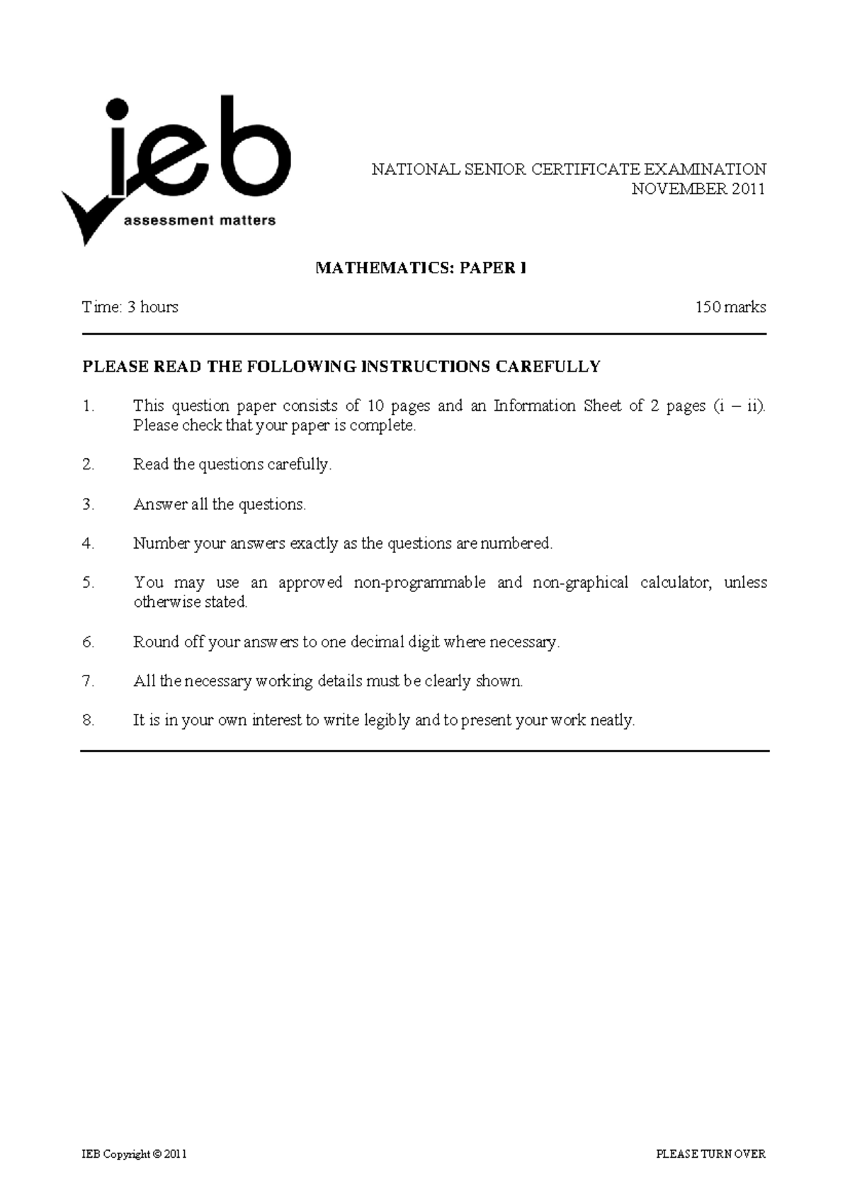 Mathematics 2011 NSC Exam Paper: Mathematics P1 Question Paper - Studocu