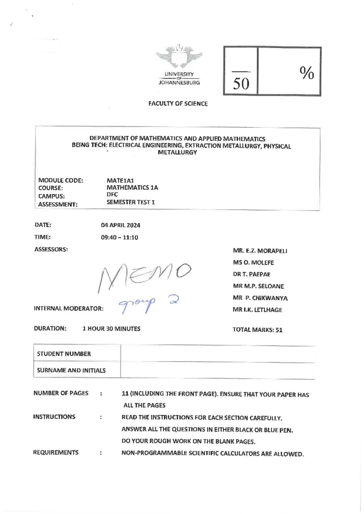 Engineering Mathematics V 1A: Semester Test 2 Memo - 10 May 2025 - Studocu