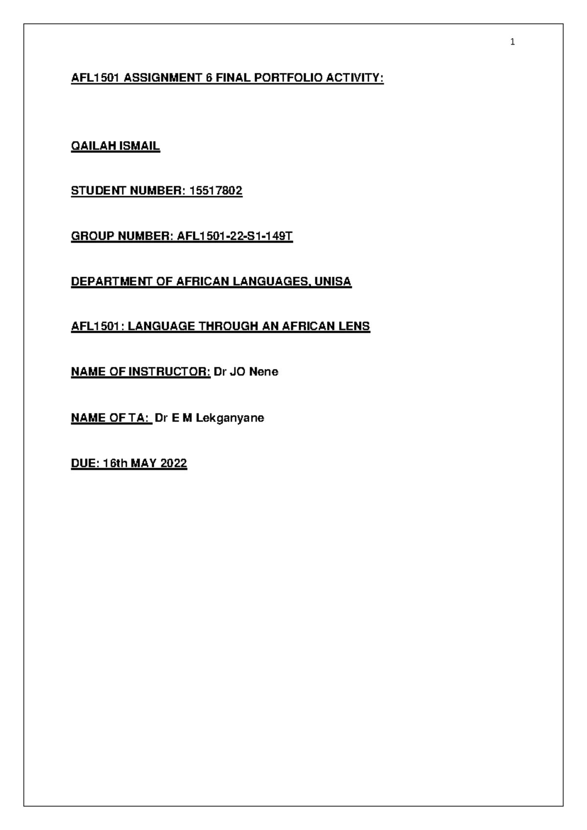 AFL1501: Final Portfolio Assignment 6 Reflections and Activities - Studocu