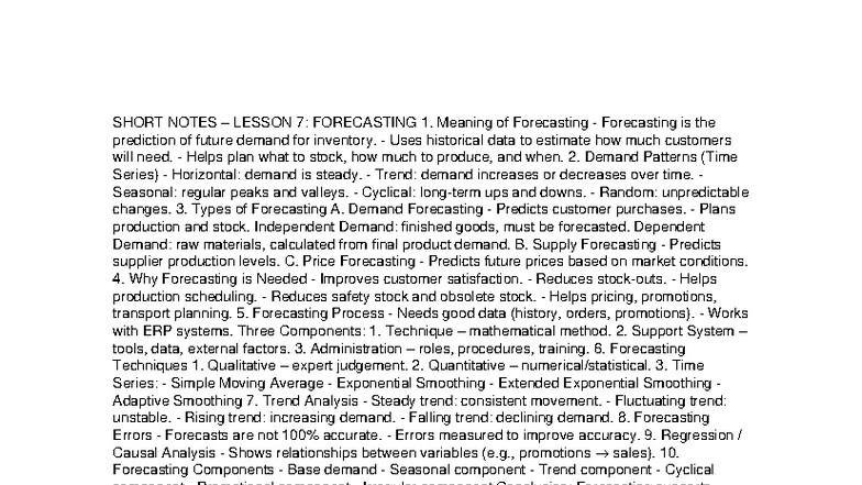 Forecasting Notes - SHORT NOTES – LESSON 7: FORECASTING 1. Meaning of ...