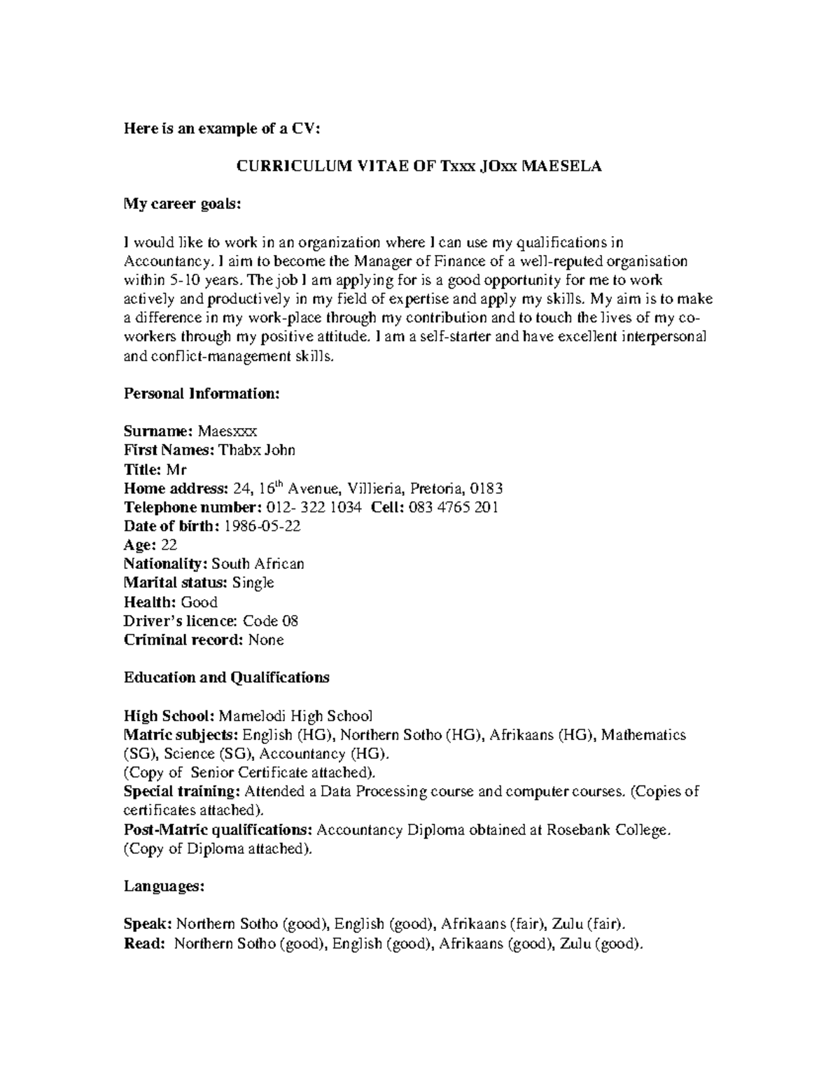 Curriculum Vitae Example for Accountancy Position - CV Template - Studocu