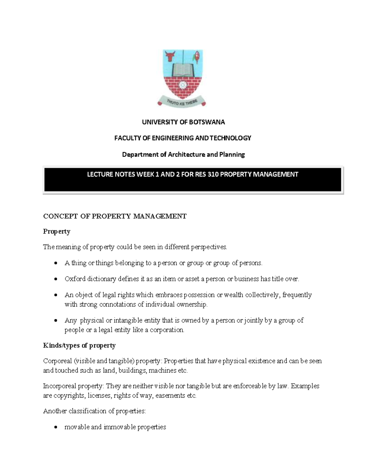 Property Management RES 310: Week 1 & 2 Lecture Notes - Studocu