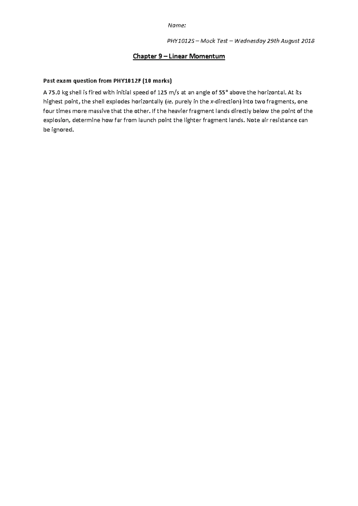 PHY1012F - Class Test 01 - Vector and Motion Problems - Studocu