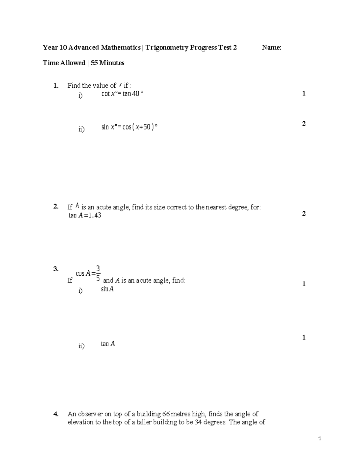 Year 10 Adv Maths Trigonometry Progress Test 2 - Studocu