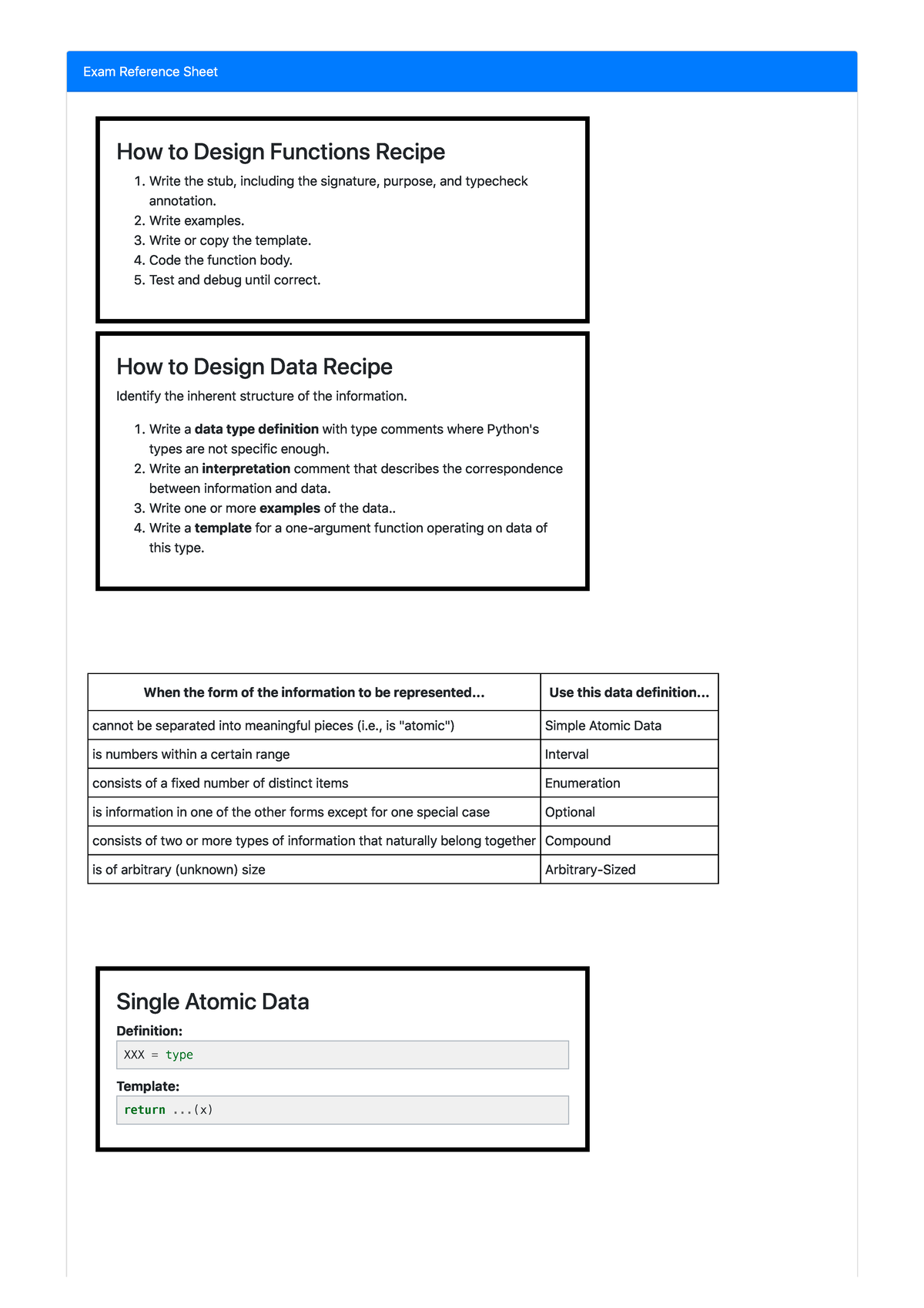 CPSC 103 Exam Sheet New - Exam Reference Sheet How to Design Functions ...