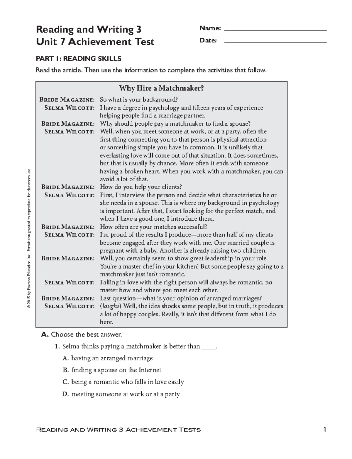 Unit 7 Achievement test (1) - © 2015 by Pearson Education, Inc ...