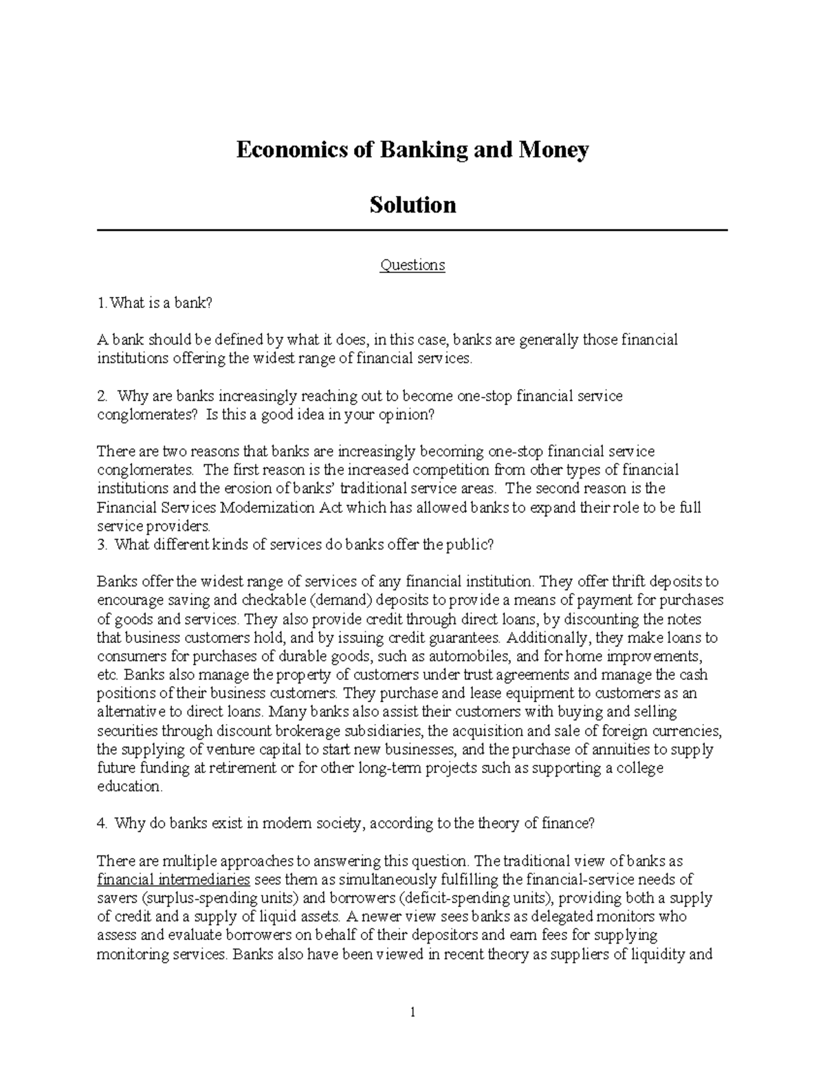 Economics of Banking and Money: Solution to Chapter 1 Questions - Studocu