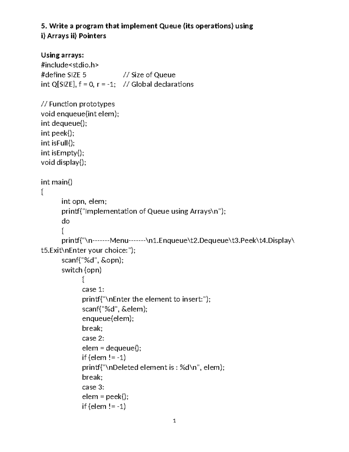 5. Queue Implementation Using Arrays and Pointers in C - Studocu