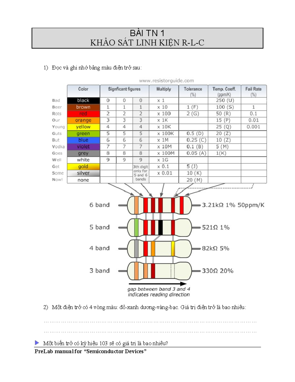 Prelab 1 - RLC - none - BÀI TN 1 KHẢO SÁT LINH KIỆN R-L-C PreLab manual ...