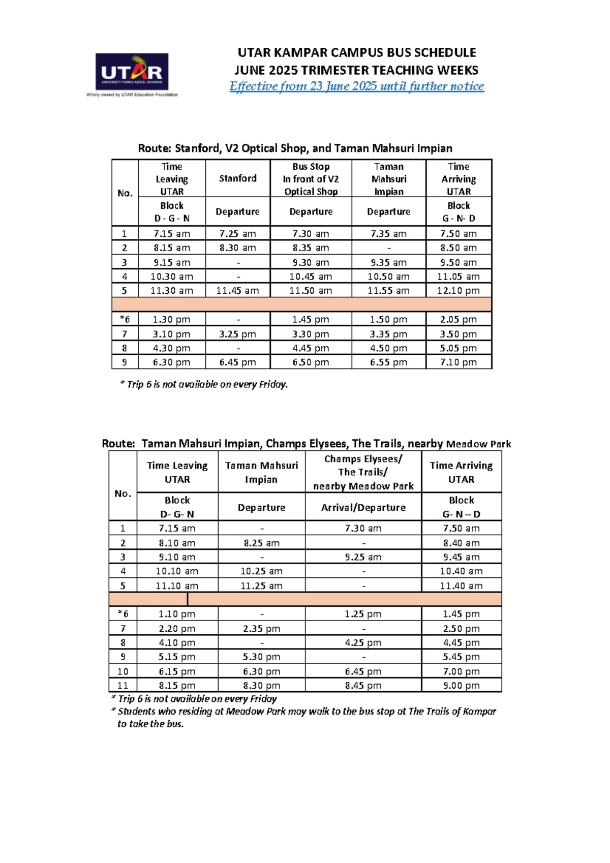 UTAR Bus Schedule: Additional Trips on 24 June 2025 - Studocu