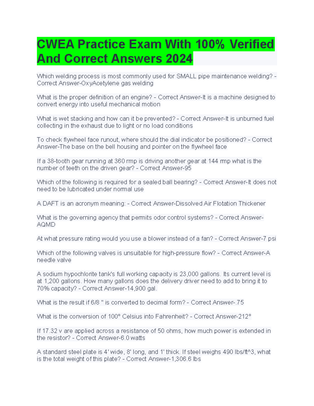 CWEA Practice Exam 2024: Comprehensive Questions with Answers - Studocu