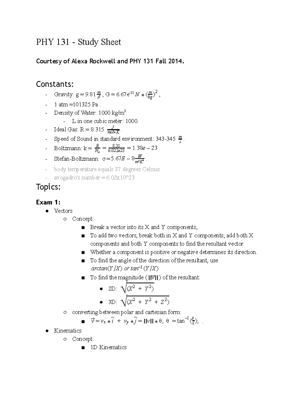 PHY-131-Study-Sheet-Google-Docspdf 38065705 - PHY 131 ­ Study Sheet ...