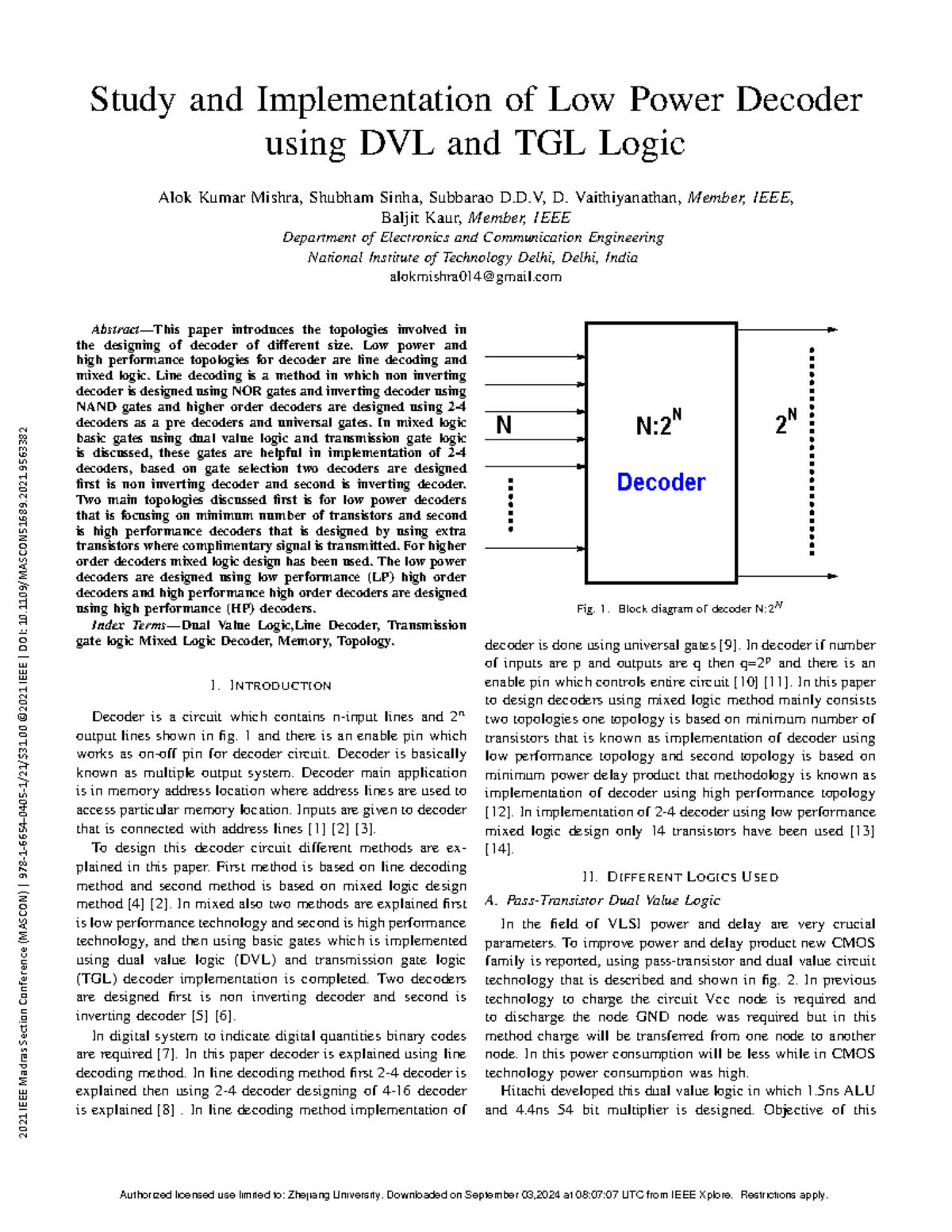 Study and Implementation of Low Power Decoder using DVL and TGL Logic ...