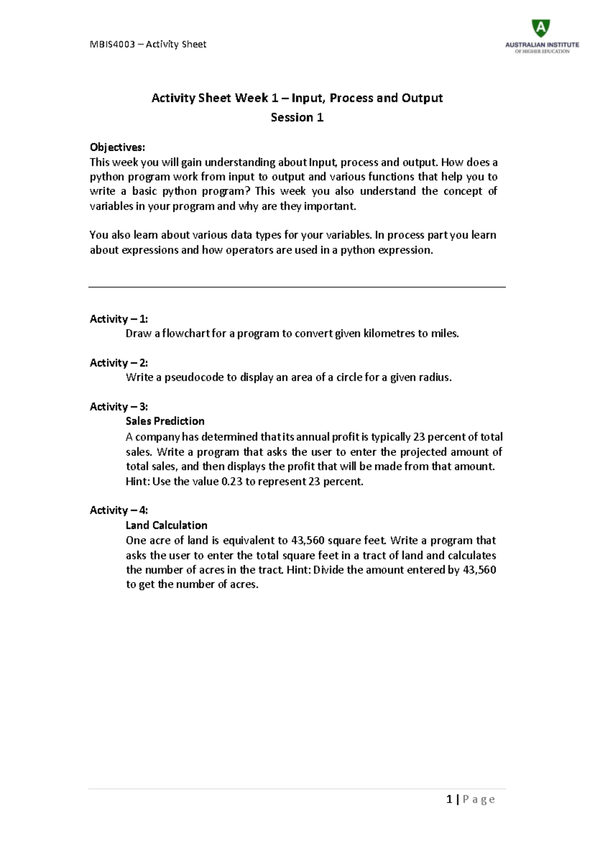 MBIS4003 Week 2 Activity Sheet: Input, Process & Output - Studocu