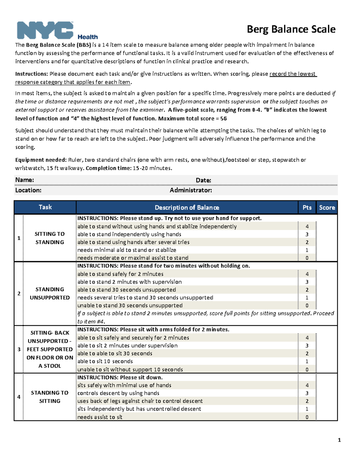 Berg-scale - Berg Balance Slace - Date: Administrator: Description of ...