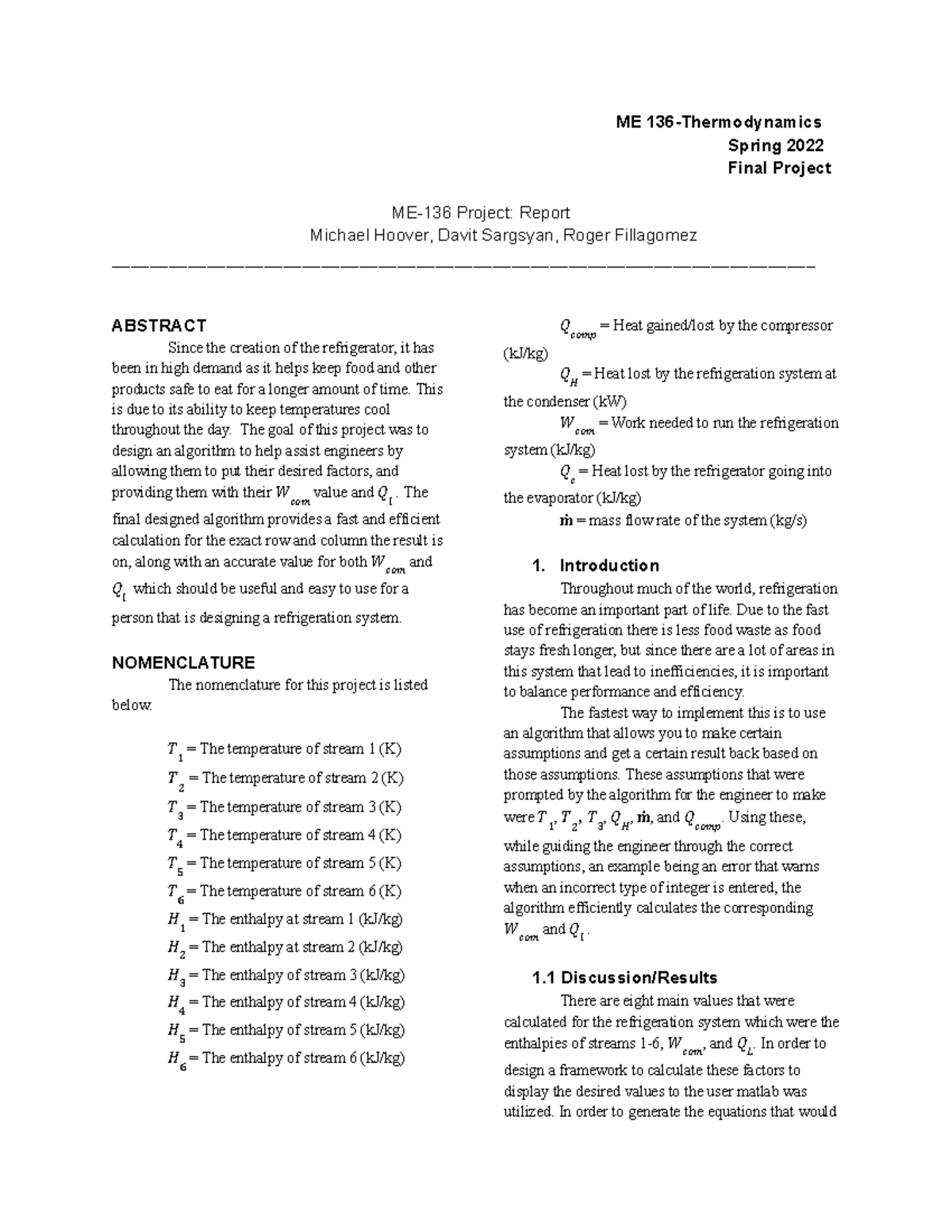 ME-136 Final Project Report on Refrigeration Algorithm Design - Studocu