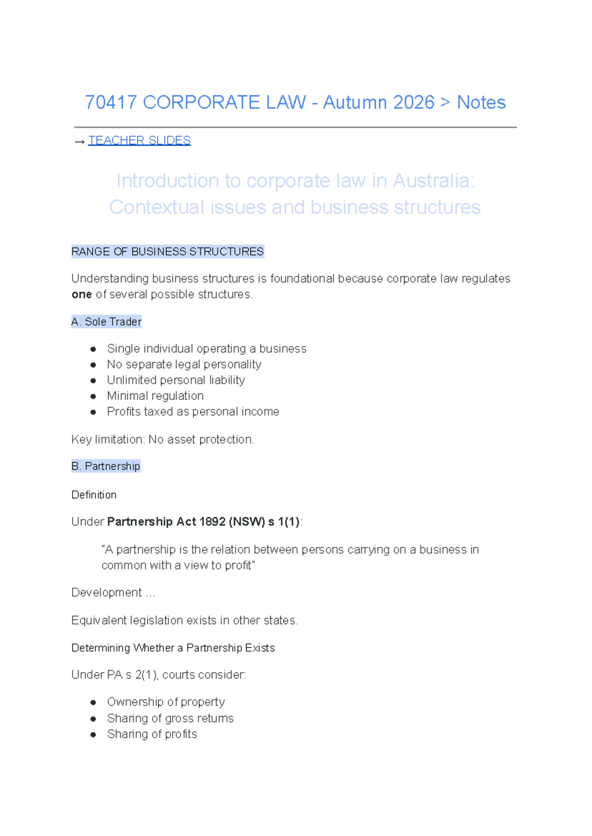 70417 Corporate Law Autumn 2026 Comprehensive Study Notes - Studocu