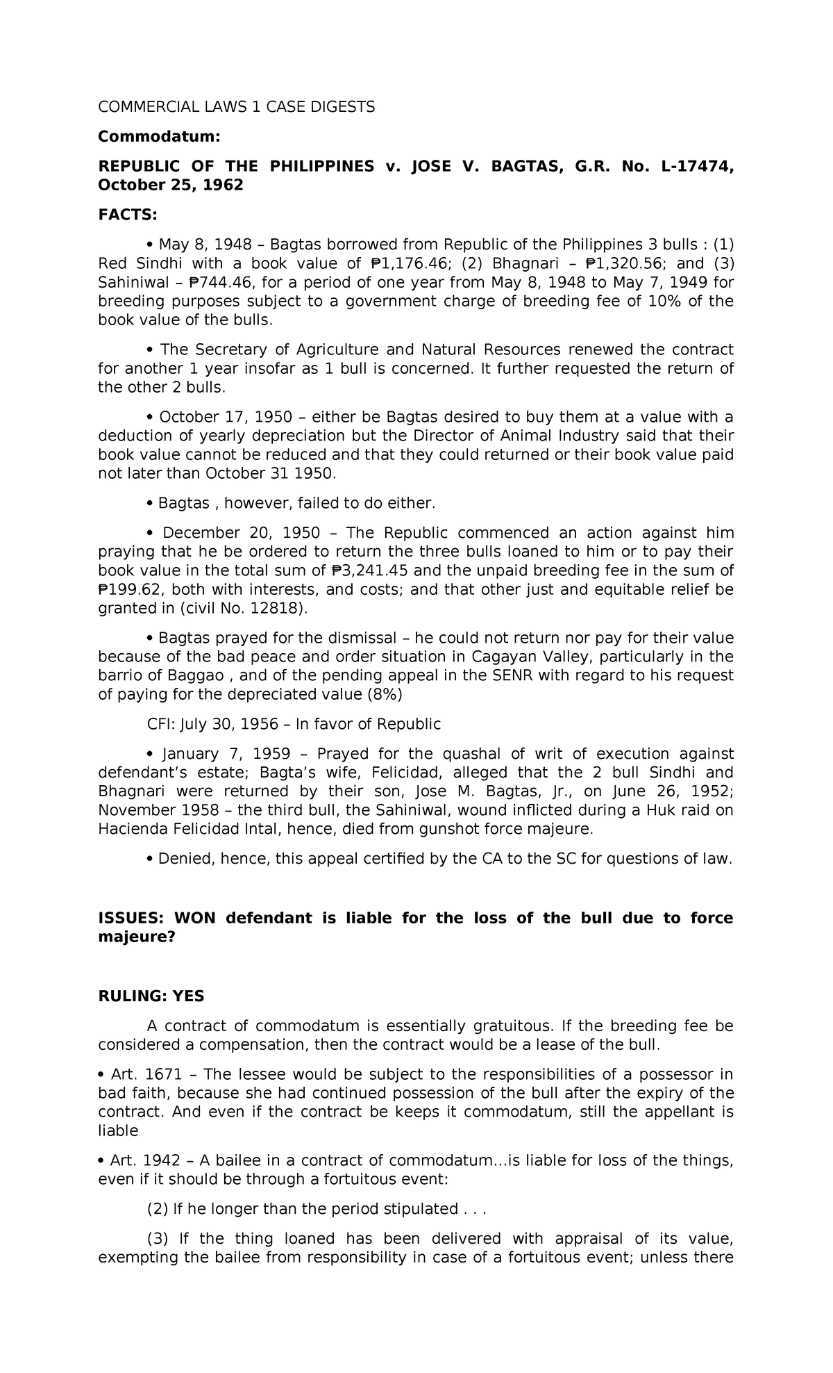 Commercial Laws 1 Case Digests: Analysis and Rulings on Commodatum ...