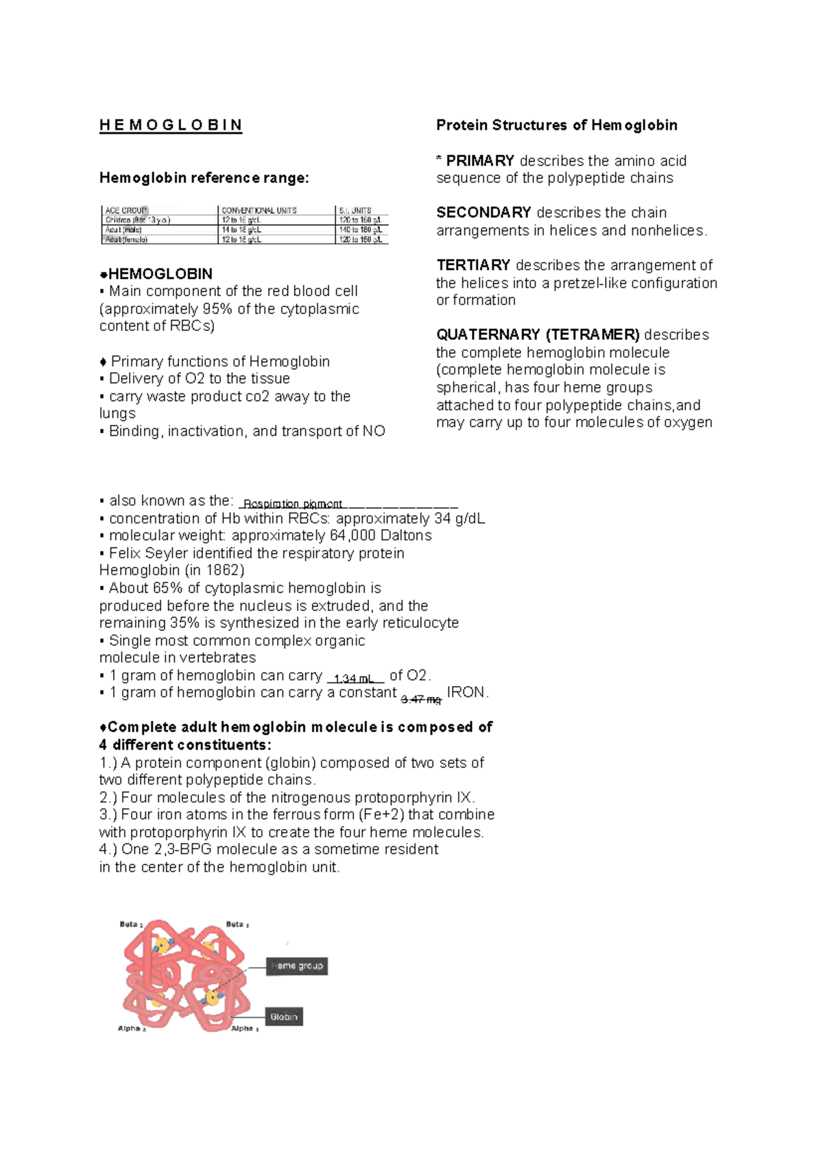 Hgb-Hct-ESR: Understanding Hemoglobin Structures and Functions - Studocu