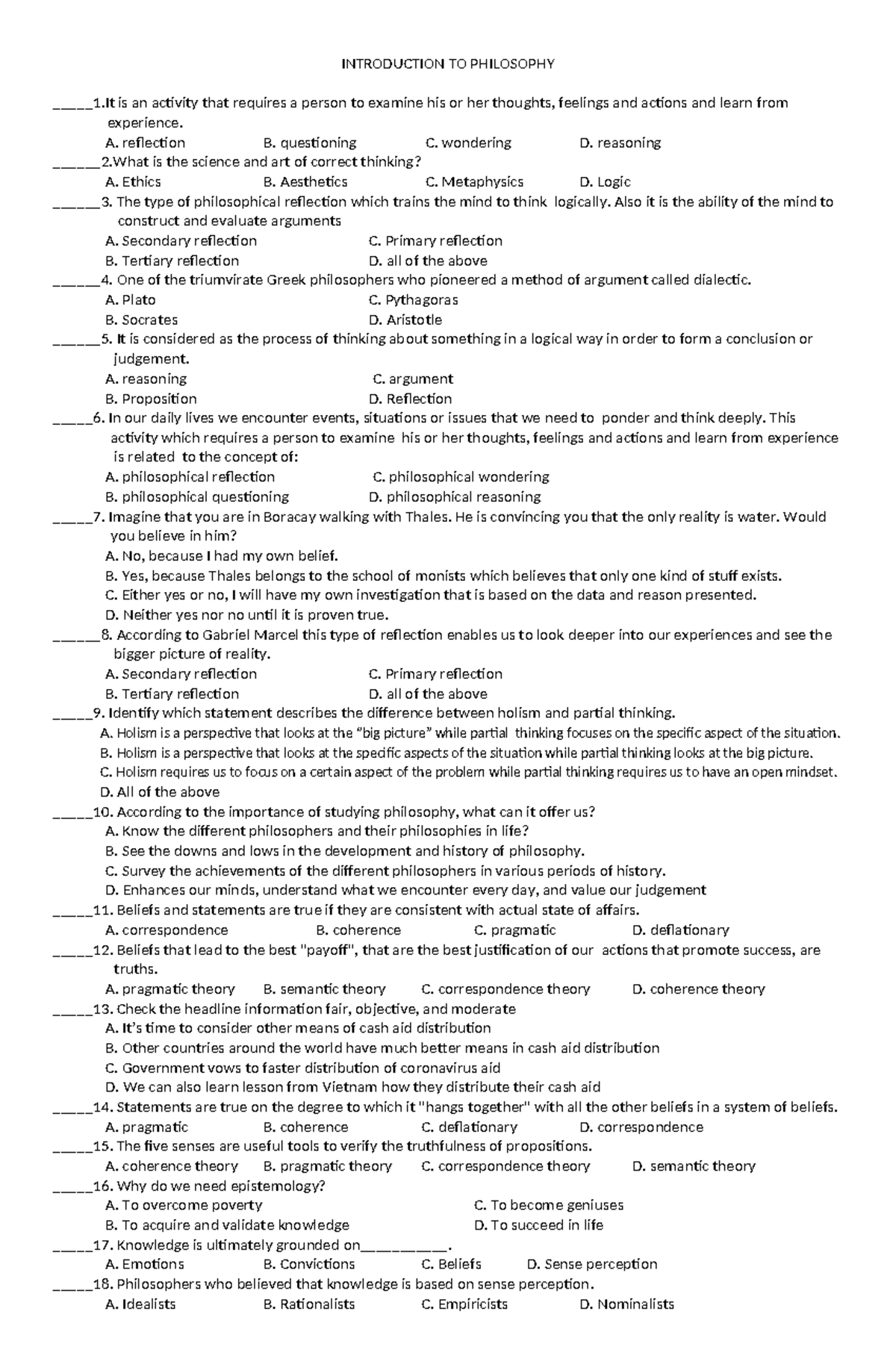 philosophy diagnostic exam - INTRODUCTION TO PHILOSOPHY _____1 is an ...