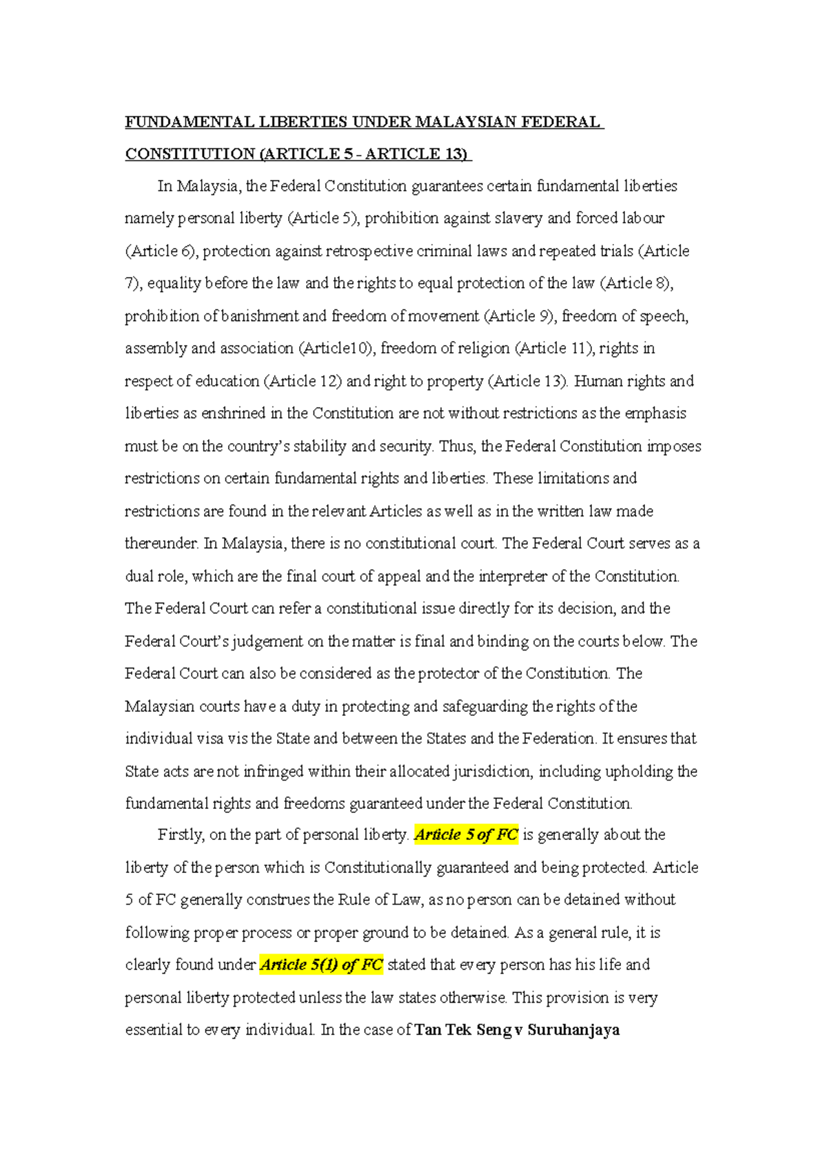 Fundamental Liberties Under Malaysian Federal Constitution: Articles 5 ...