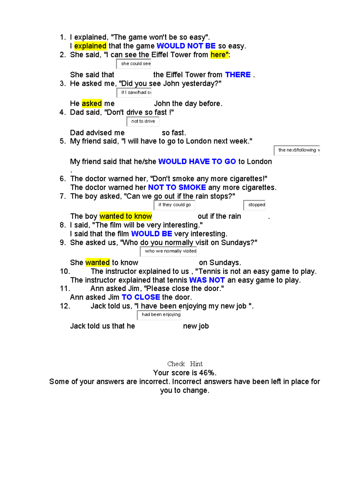 Test 1: Improving English Through Reported Speech Exercises - Studocu