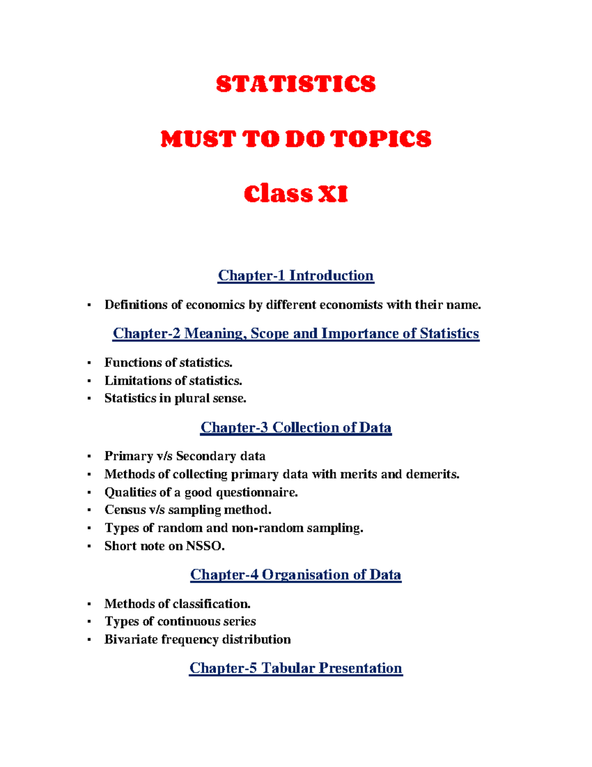 STATISTICS MUST TO DO TOPICS Class XI: Key Concepts & Methods - Studocu
