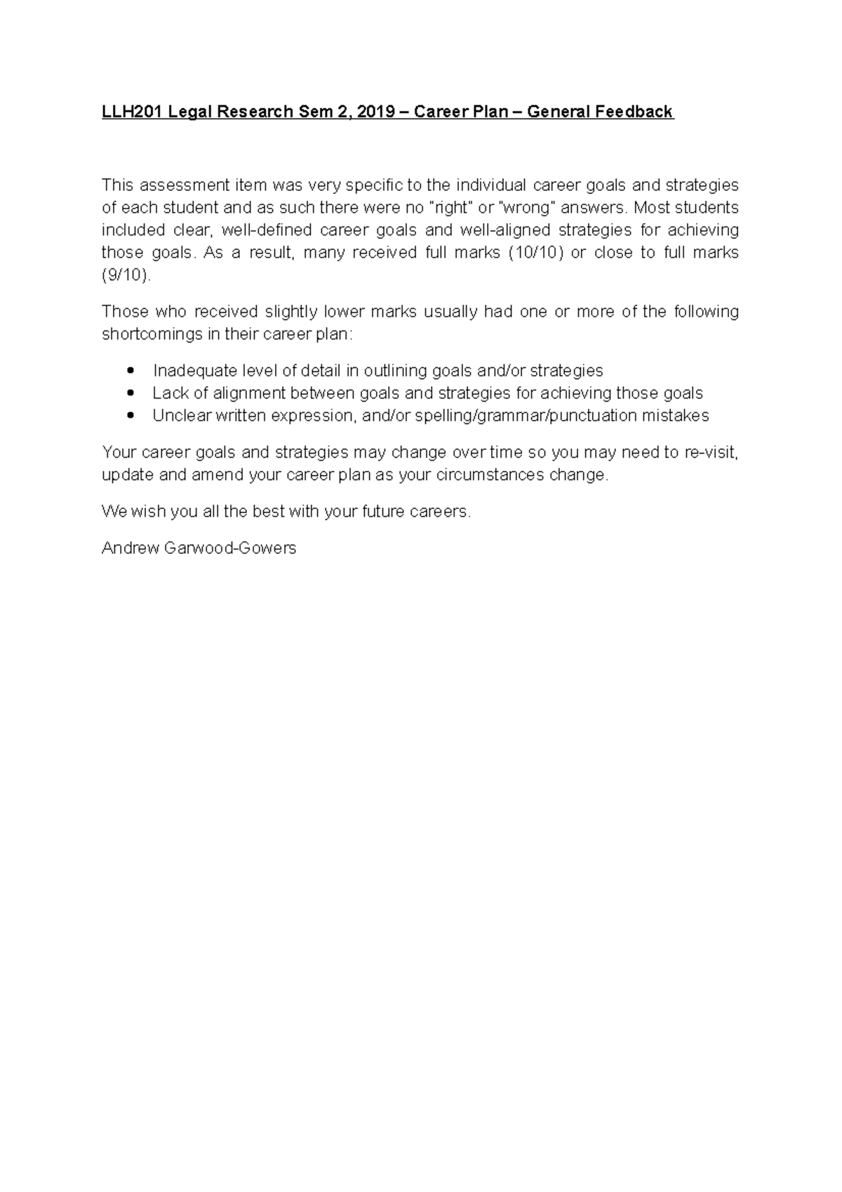 LLH201 Career Plan General Feedback - LLH201 Legal Research Sem 2, 2019 ...