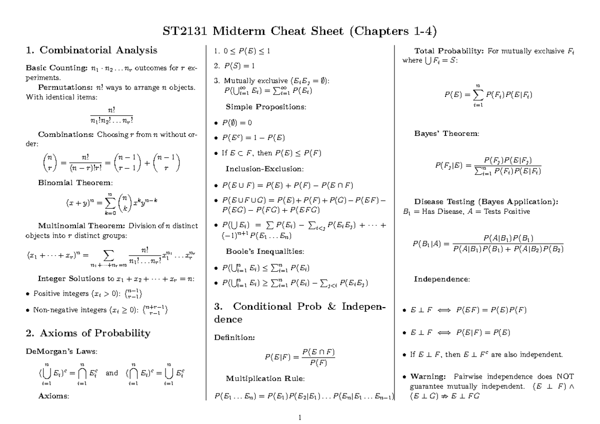 ST2131 Midterm Cheat Sheet: Combinatorial Analysis & Probability - Studocu
