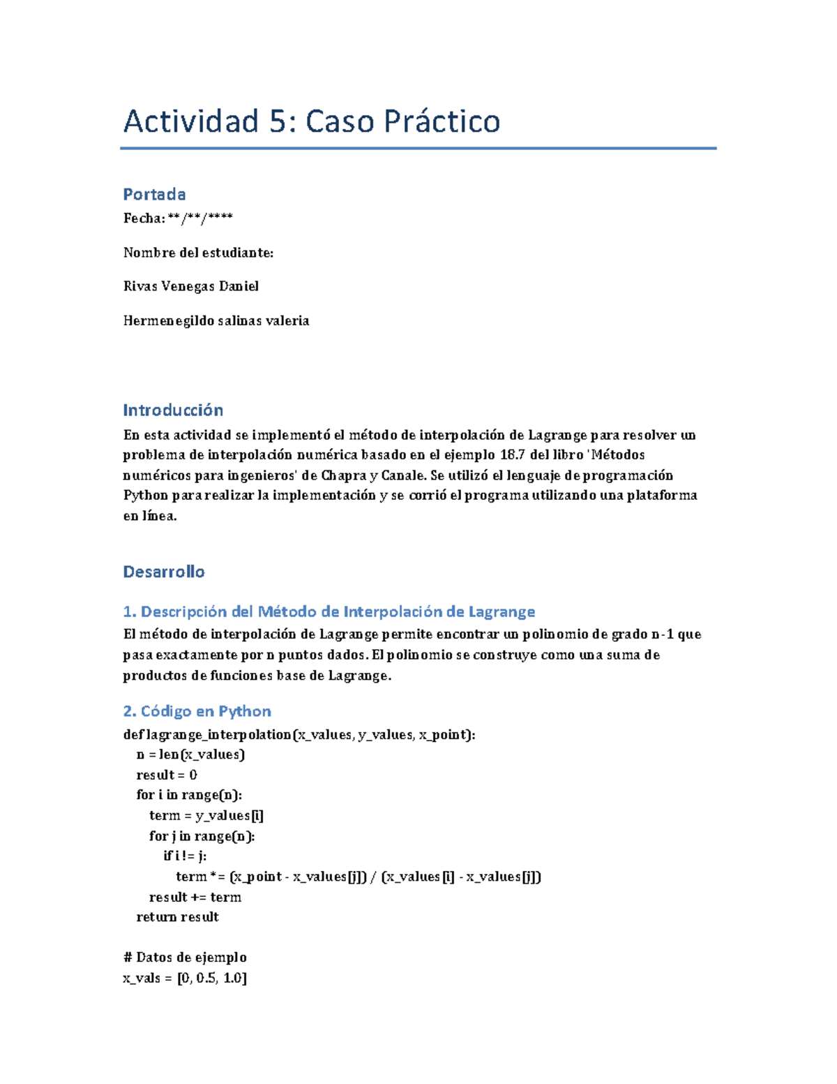 Actividad 5: Caso Práctico de Interpolación de Lagrange en Python - Studocu