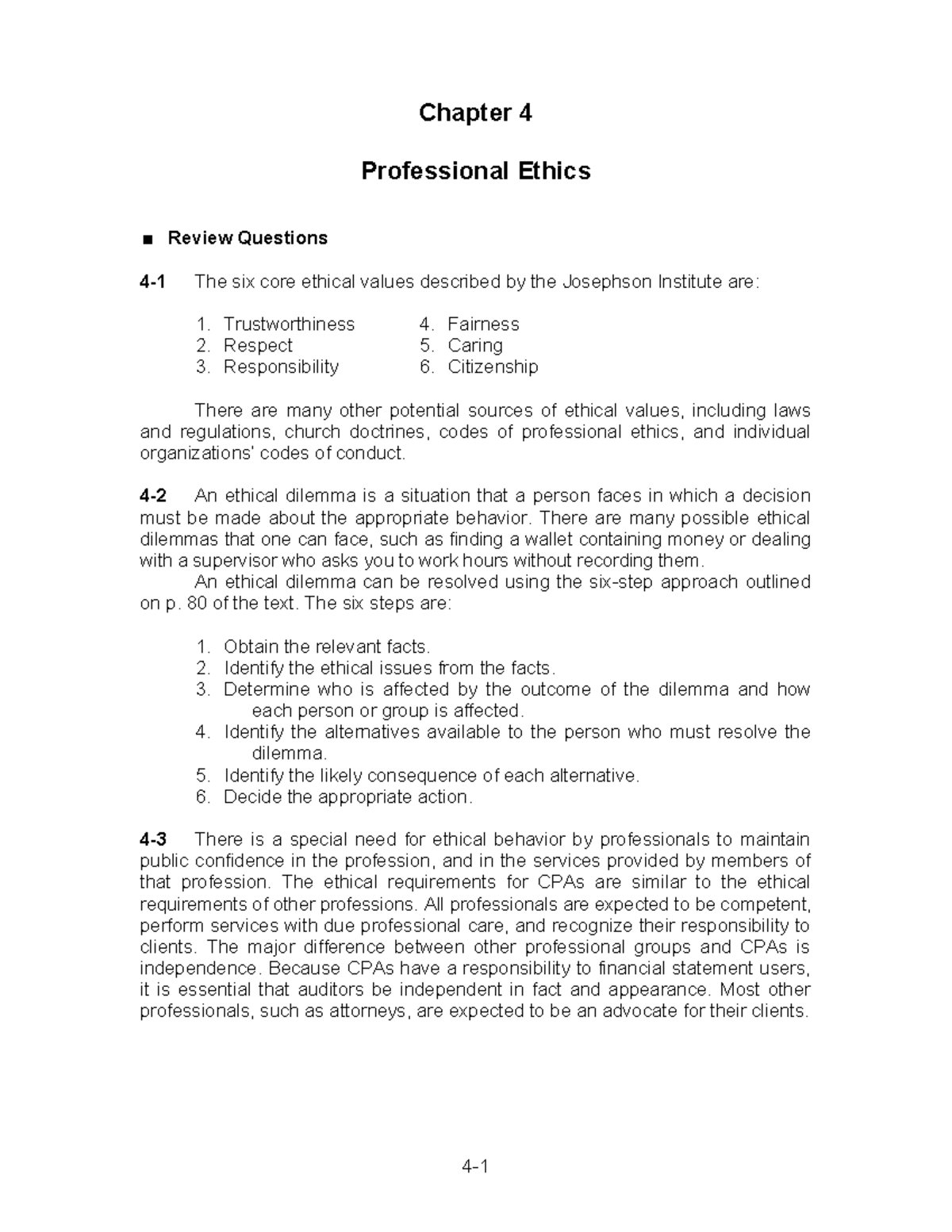 Chapter 4: Professional Ethics Review Questions for Auditing (ACCT 101 ...