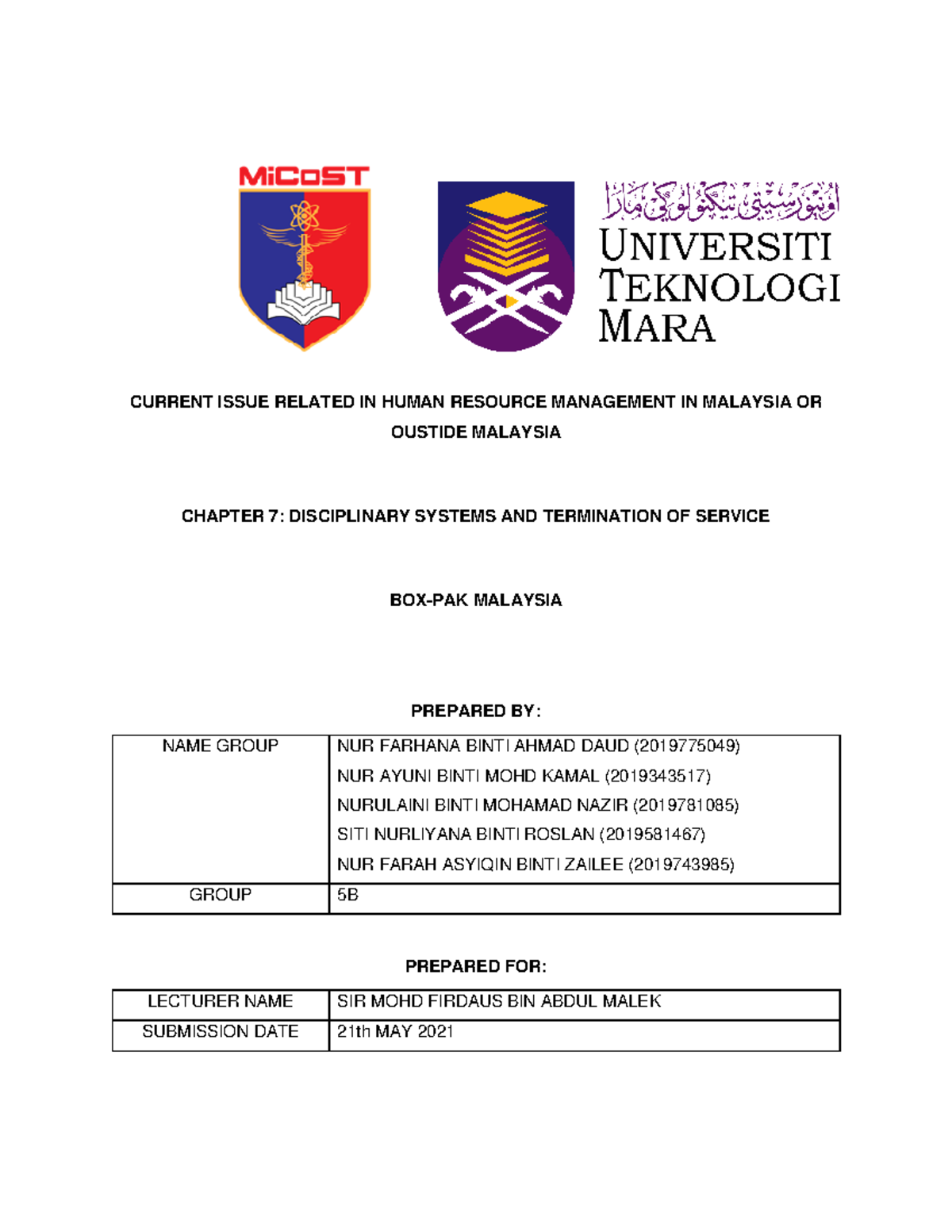 Group Assignment Mgt340 Hrm Issues Disciplinary Systems In Box Pak