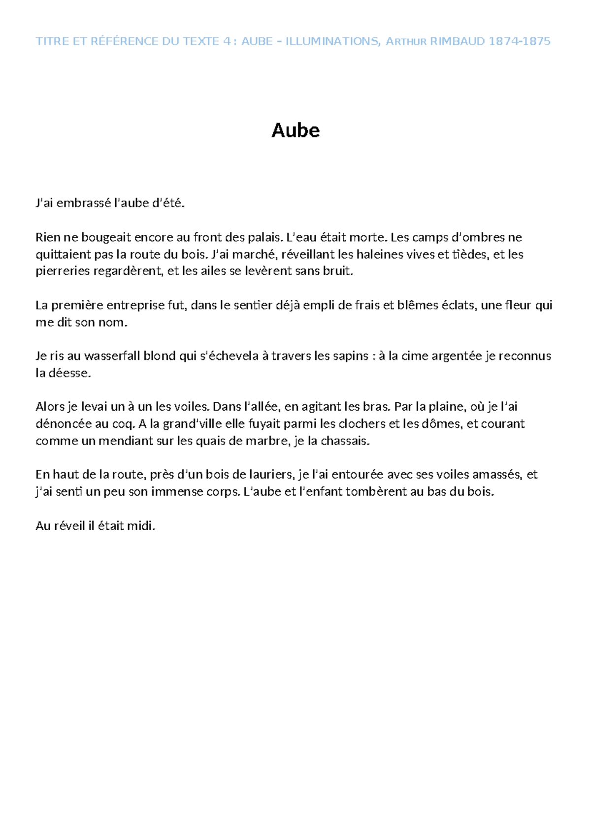 Fiche de Lecture Linéaire : Aube dans Les Illuminations d'Arthur ...
