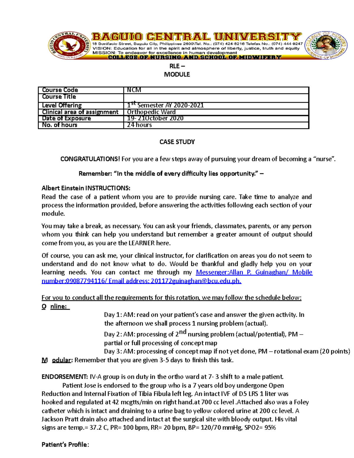Case Study NCM 1: Nursing Diagnosis & Care Plan for Orthopedic Patient ...